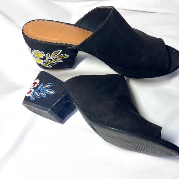 Restricted Women's Slip On Block 2 1/2" Heels-Black Floral Embroidered-Open Toe - Picture 4 of 16